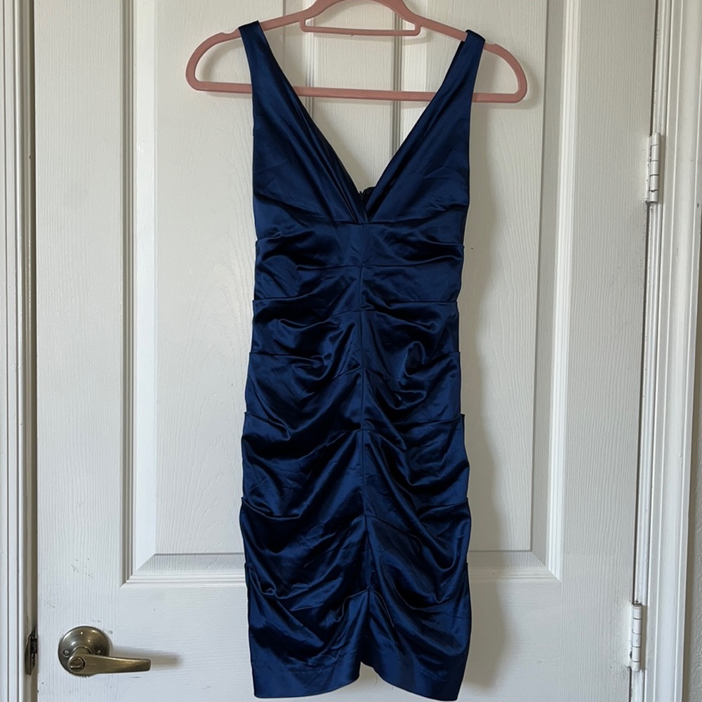Nicole Miller satin stretch navy blue dress